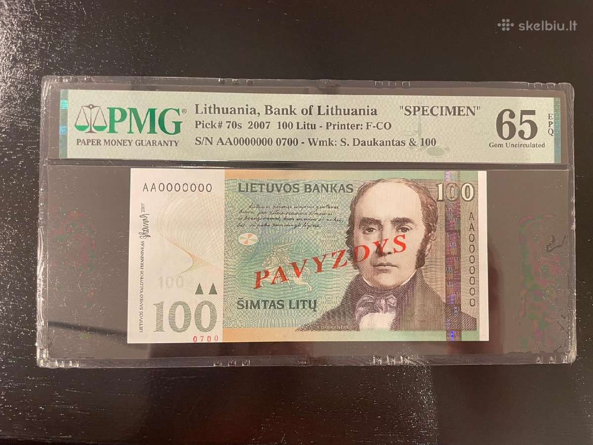 Banknotas, 2007 metų 100 litų Pavyzdys, 65 greidas