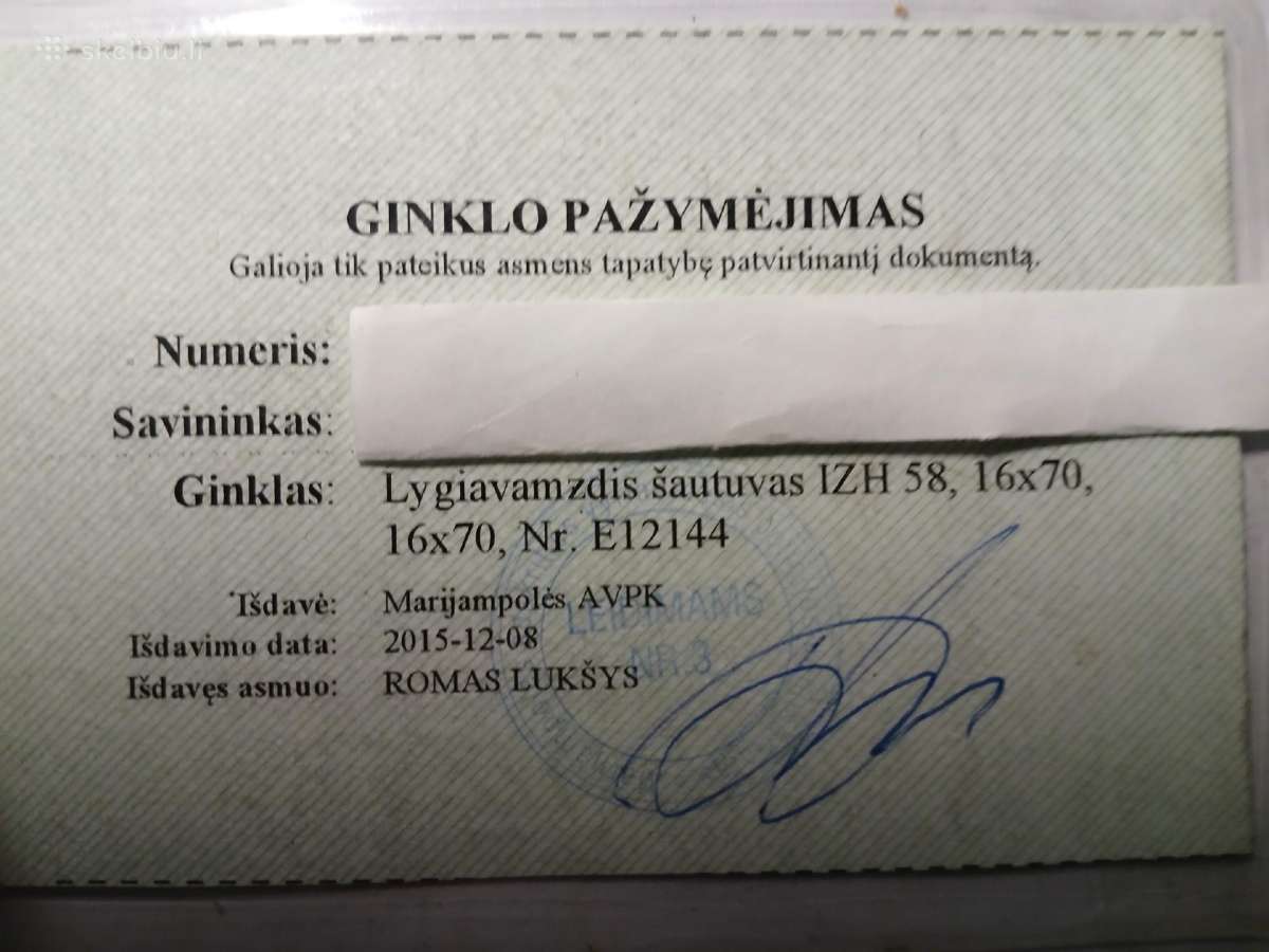 Parduodamas lygiavamzdis šautuvas Izh58 , cal.16x7
