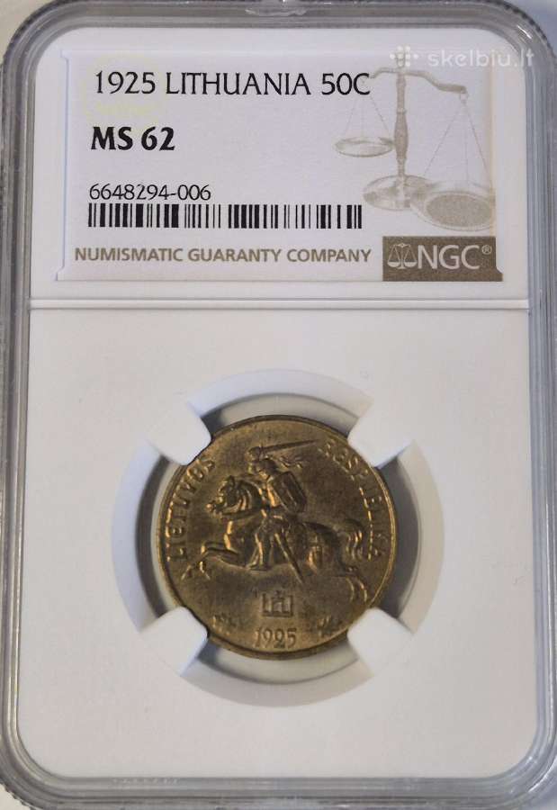 1925 m 50 ct. Lietuva. Kolekcinis stovis. Ngc Ms62