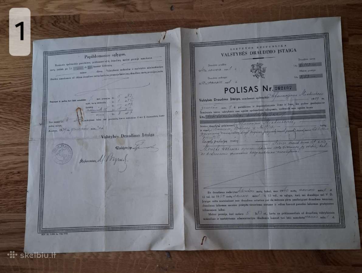 Įvairūs draudimo polisai 1928m. ir kt. Dokumentai.
