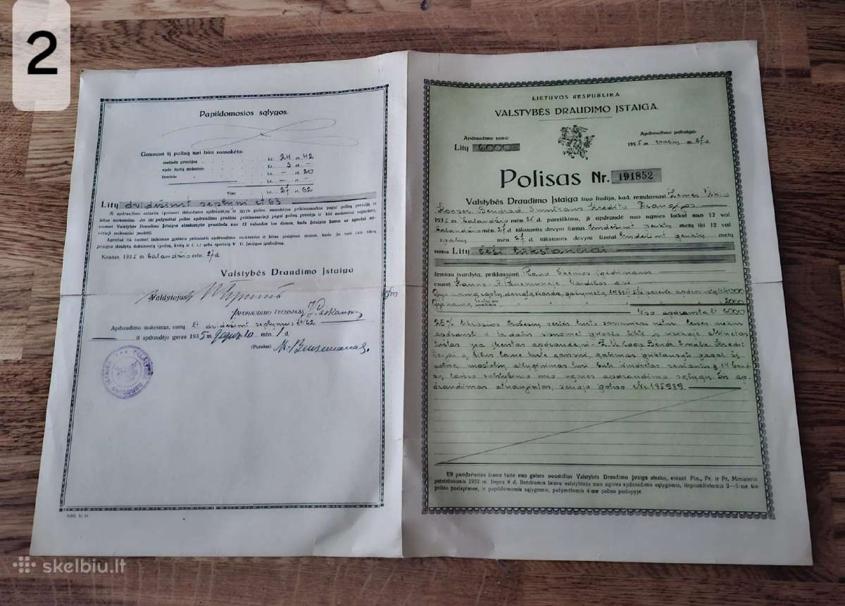 Įvairūs draudimo polisai 1928m. ir kt. Dokumentai. - nuotraukos Nr. 3