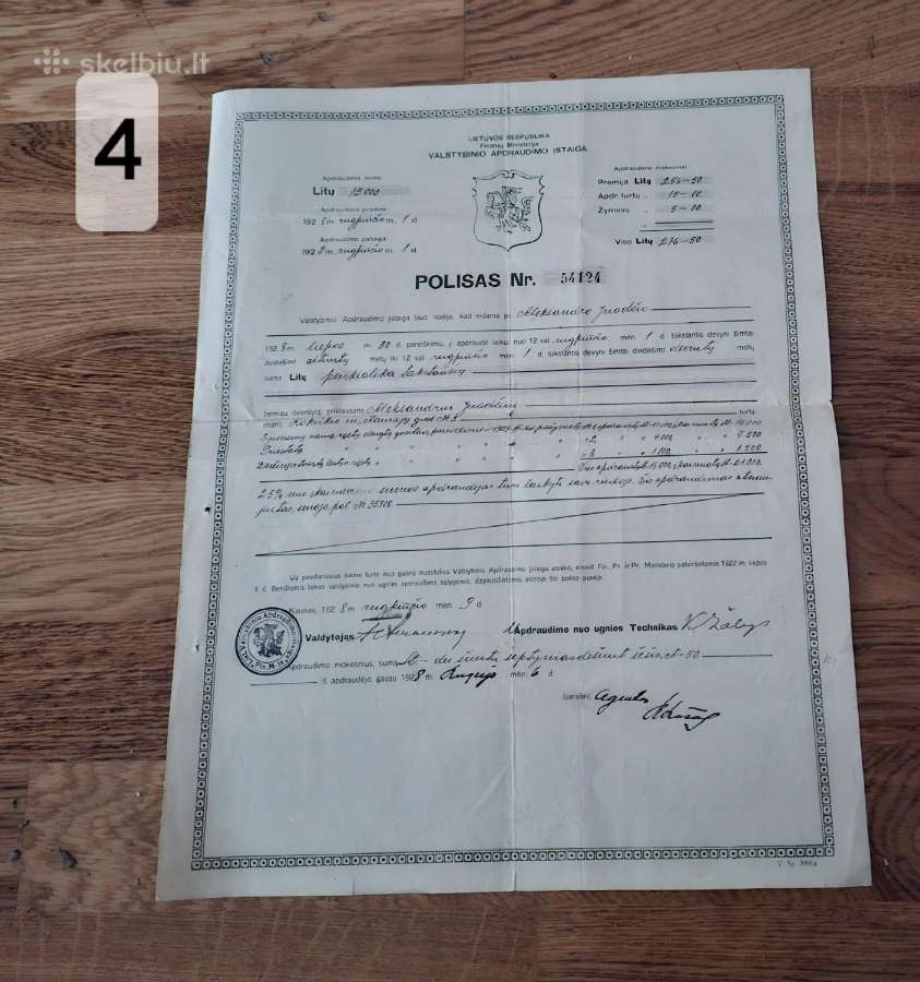 Įvairūs draudimo polisai 1928m. ir kt. Dokumentai. - nuotraukos Nr. 7