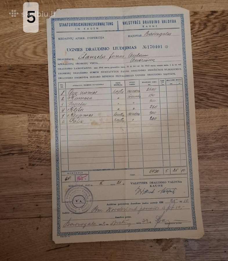 Įvairūs draudimo polisai 1928m. ir kt. Dokumentai. - nuotraukos Nr. 9