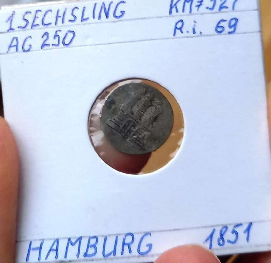 Vokietija- Hamburgas 1851 1 zechslingas (sidabras)