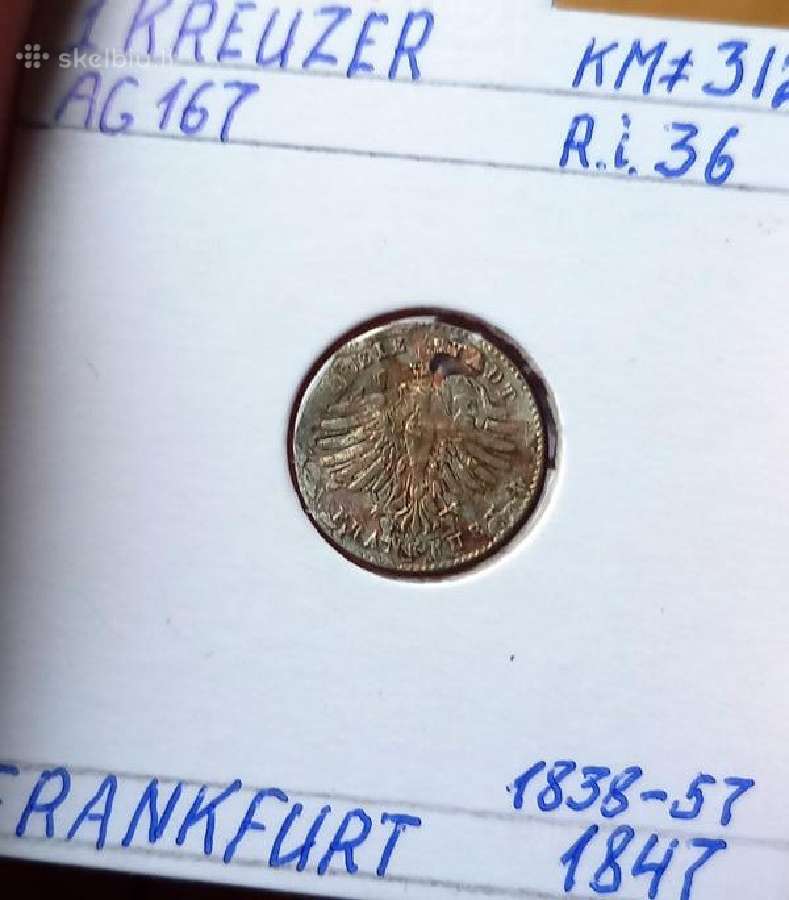 Vokietija- Frankfurtas 1847 1 kreiceris (sidabras)
