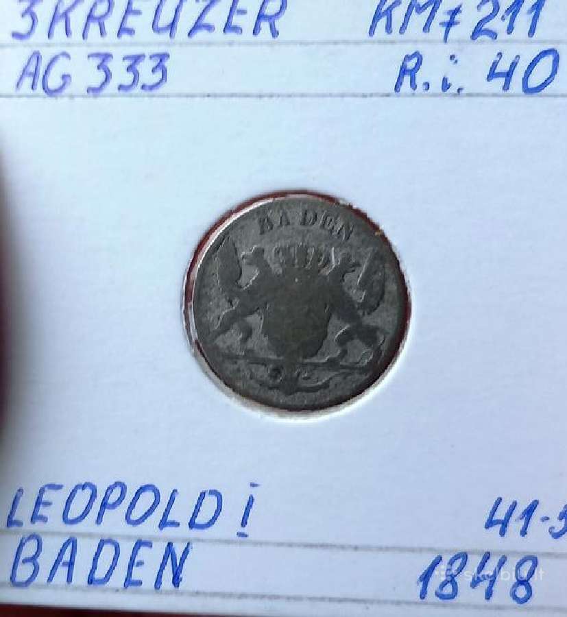Vokietija- Badenas 1848 3 kreiceriai (sidabras) - nuotraukos Nr. 2