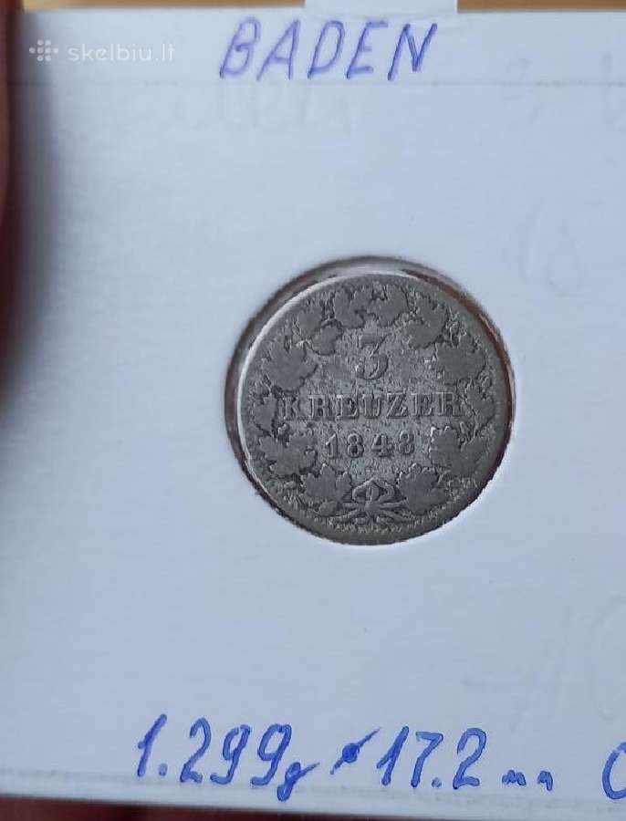 Vokietija- Badenas 1848 3 kreiceriai (sidabras)
