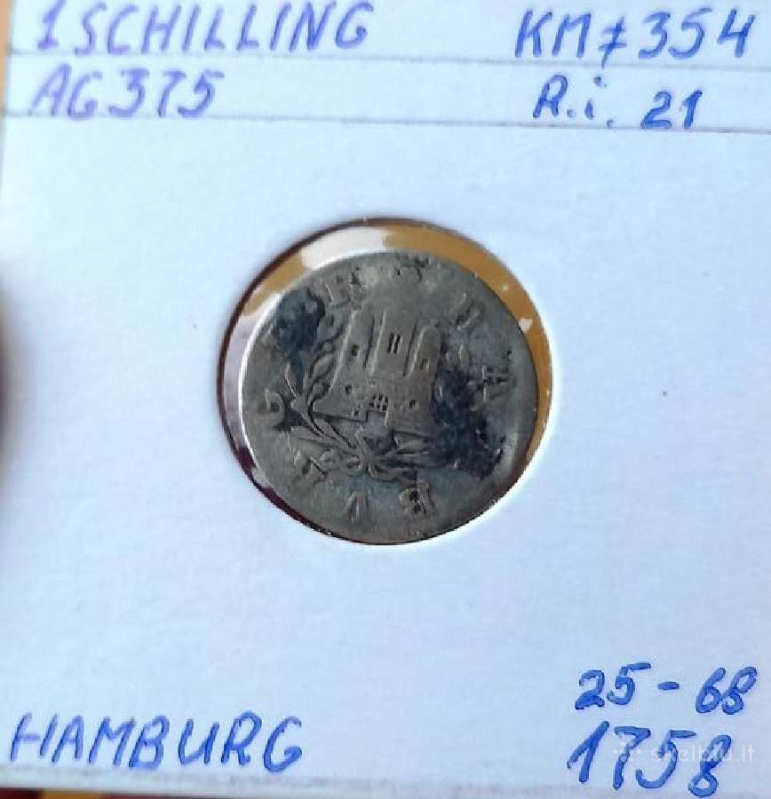 Vokietija- Hamburgas 1758 1 šilingas (sidabras)