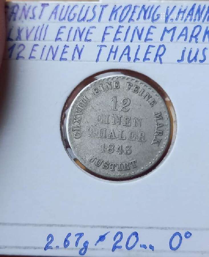 Vokietija- Hanoveris 1843 1/12 talerio (sidabras)
