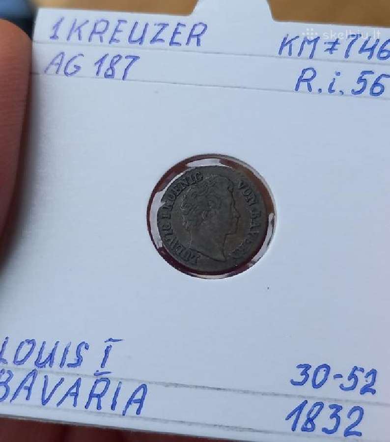 Vokietija- Bavarija 1832 1 kreiceris (sidabras)
