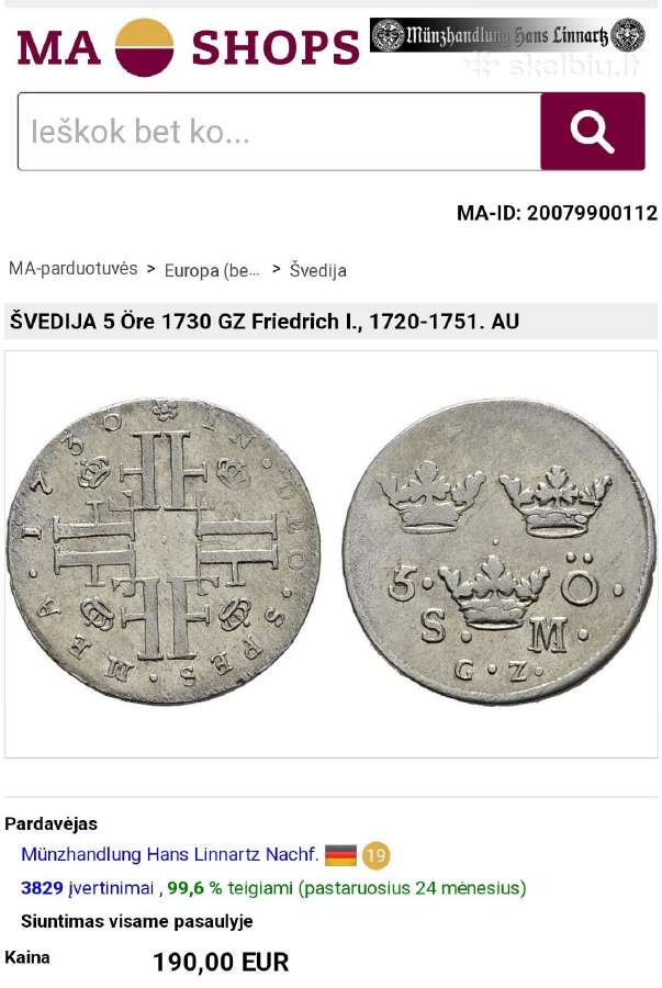 Švedija 5 Öre 1730 Gz Friedrich I., 1720-1751. Au - nuotraukos Nr. 3
