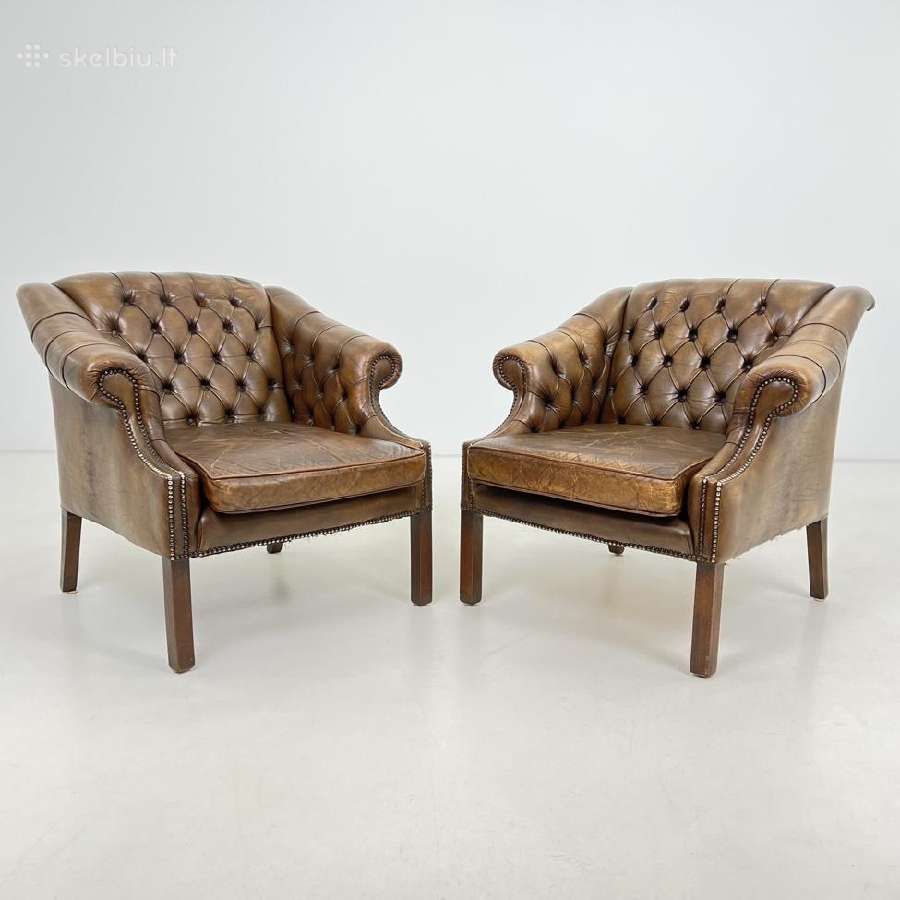 Chesterfield medinio rėmo fotelis ruda oda - nuotraukos Nr. 11