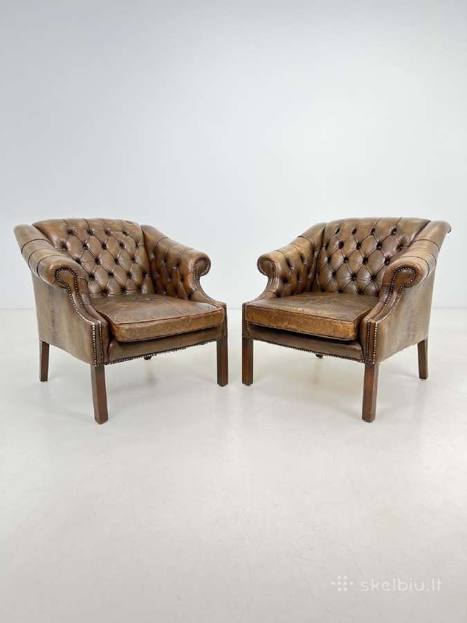 Chesterfield medinio rėmo fotelis ruda oda - nuotraukos Nr. 12