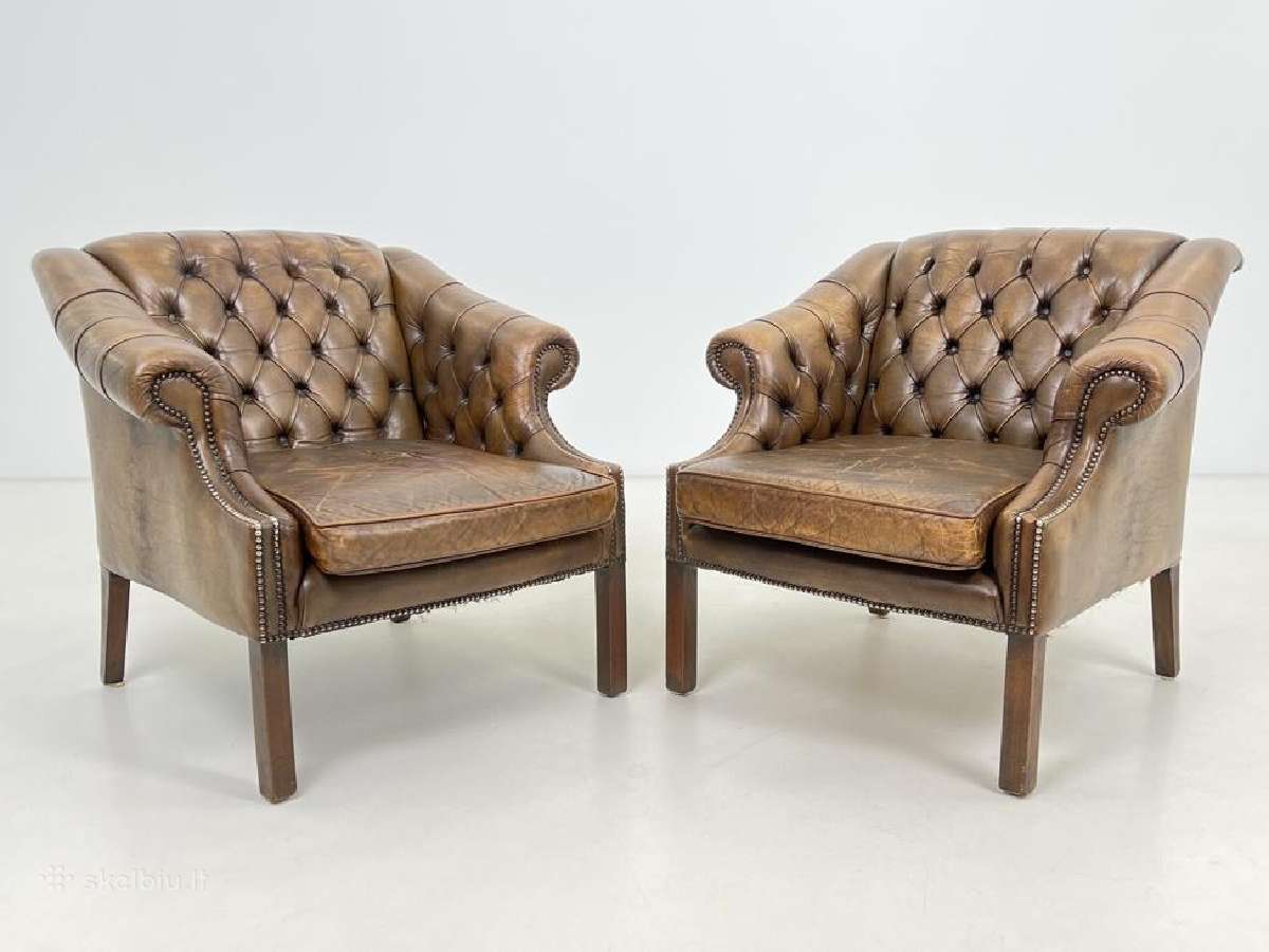 Chesterfield medinio rėmo fotelis ruda oda - nuotraukos Nr. 10