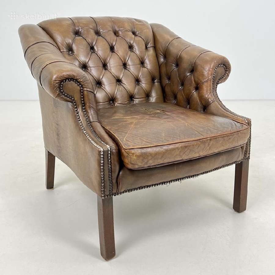Chesterfield medinio rėmo fotelis ruda oda - nuotraukos Nr. 2