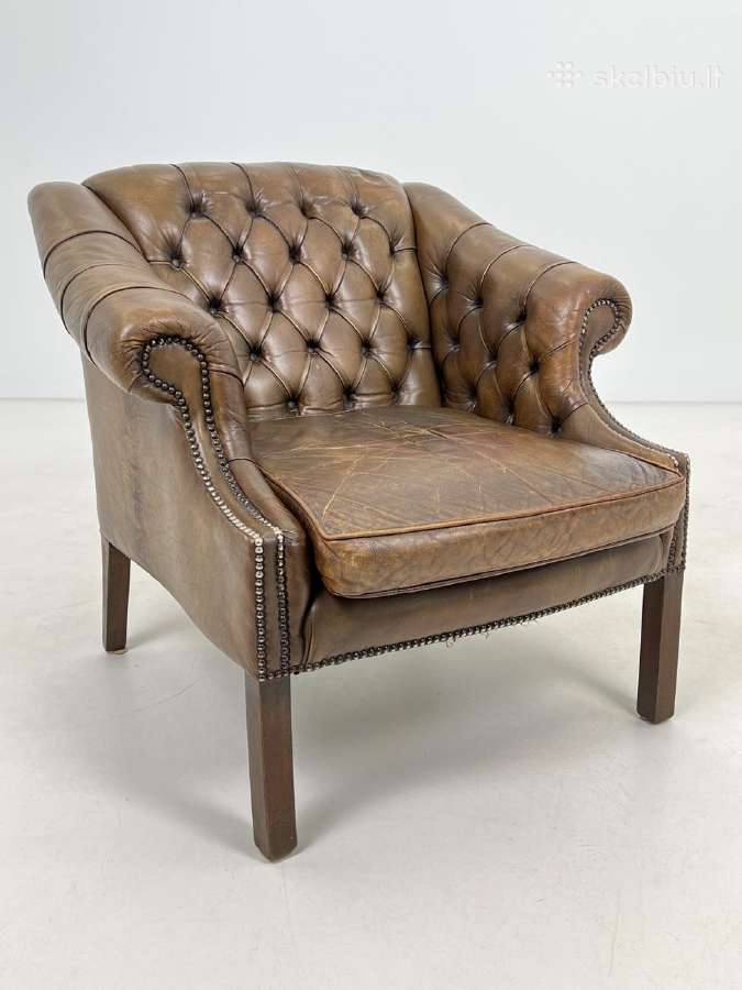 Chesterfield medinio rėmo fotelis ruda oda - nuotraukos Nr. 3