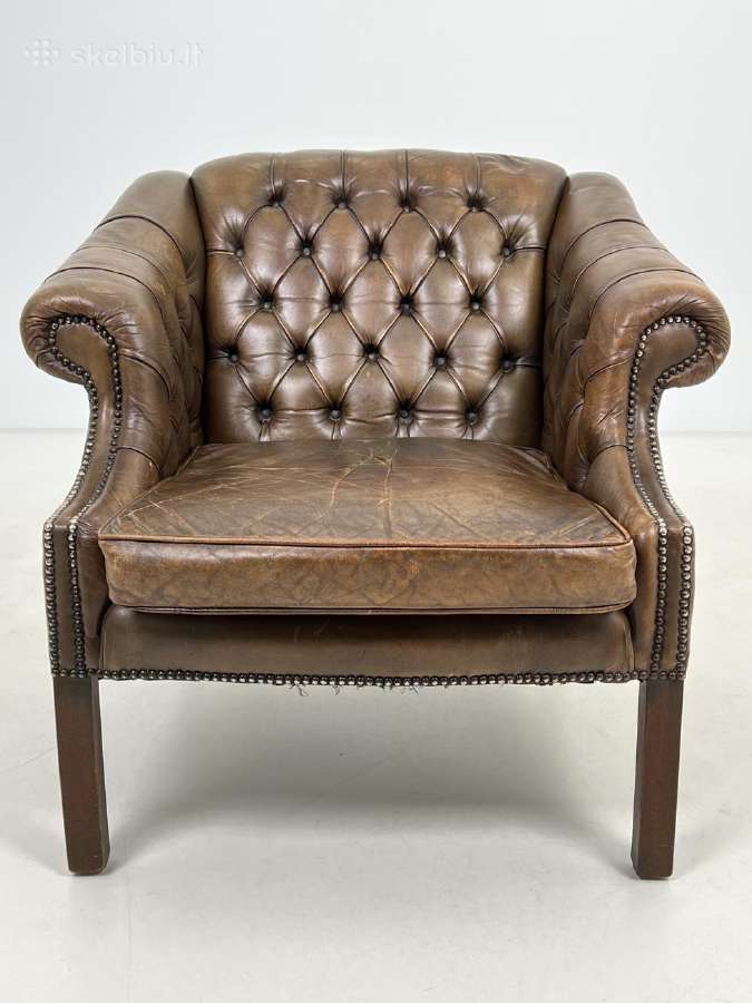 Chesterfield medinio rėmo fotelis ruda oda - nuotraukos Nr. 4