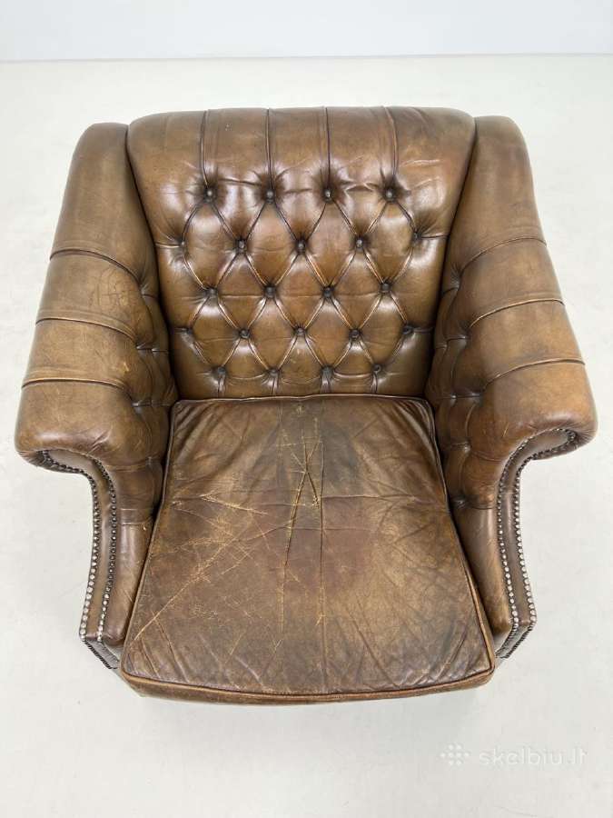 Chesterfield medinio rėmo fotelis ruda oda - nuotraukos Nr. 5