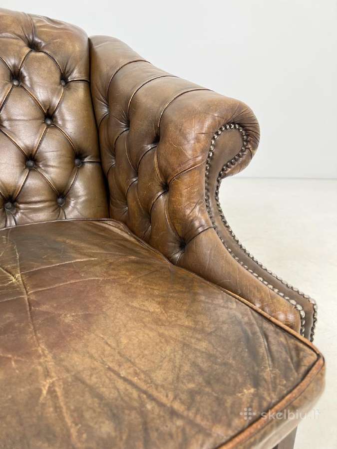 Chesterfield medinio rėmo fotelis ruda oda - nuotraukos Nr. 6
