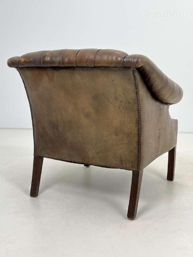 Chesterfield medinio rėmo fotelis ruda oda - nuotraukos Nr. 9