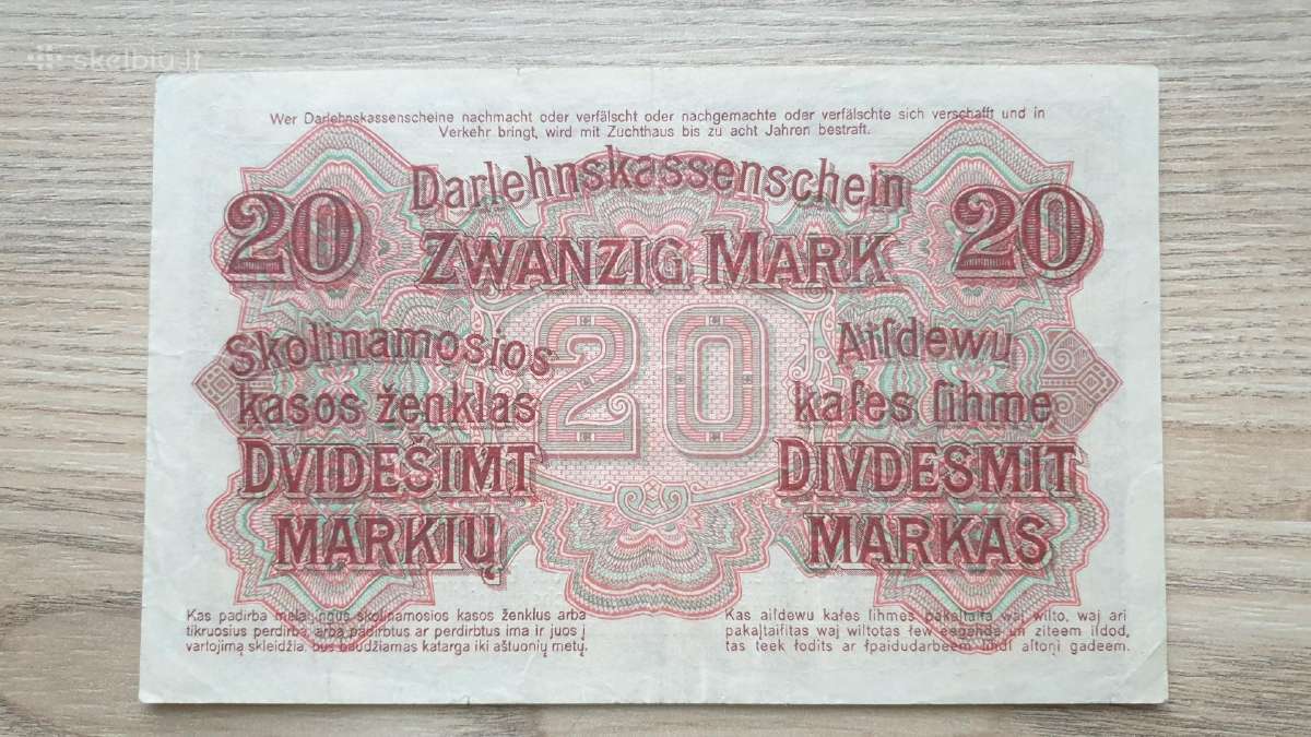 1918 Ost Vokietija Lietuva Lenkija 20 Mark - nuotraukos Nr. 2