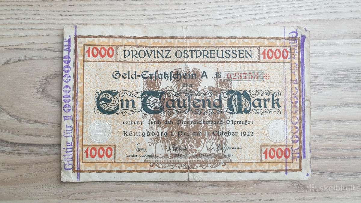 1922 metų 1000 mark Karaliaučius Mažoji Lietuva