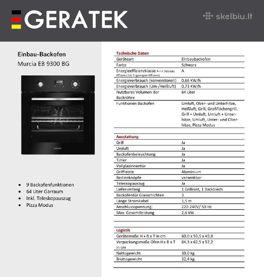 Multifunkcinė orkaitė Geratek Murcia Eb 9300 Bg - nuotraukos Nr. 7