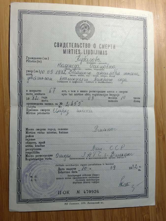 Mirties liudijimas Vilnius 1982