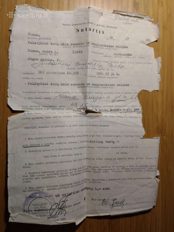 Pastato eksploatavimo ir paslaugų sutartis 1991