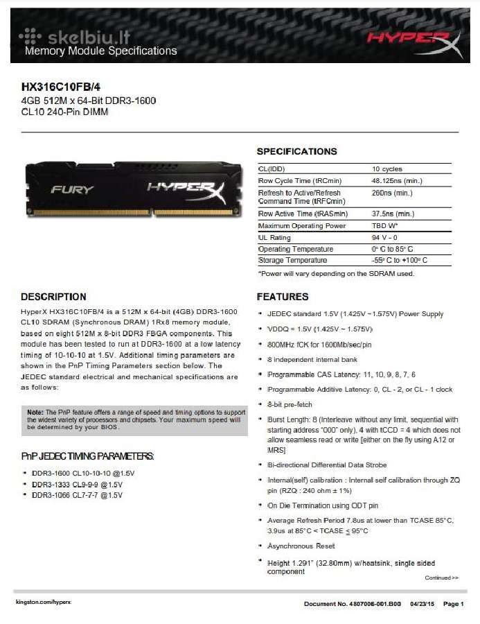 RAM atmintis Kingston Hyperx Ddr3-1600 4 GB - nuotraukos Nr. 3