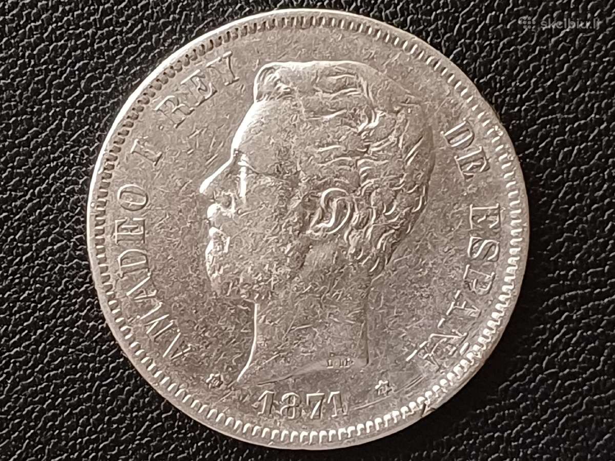 (335) 5 pesetos 1871m. Ispanija sidabras 900 - nuotraukos Nr. 2