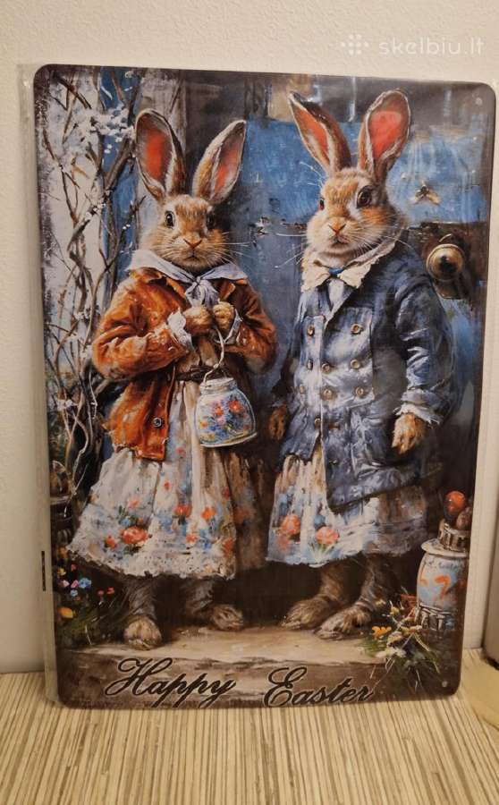 Velykinė metalinė dekoracija su kiškiais 20x30 cm