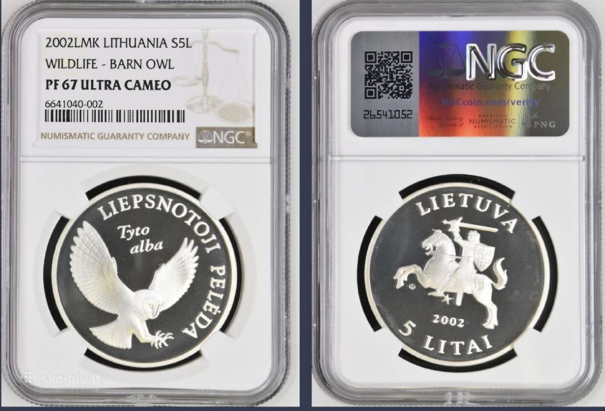 Lb 5 2002 m priginė 5 Lt moneta Liepsnotoji Pelėda