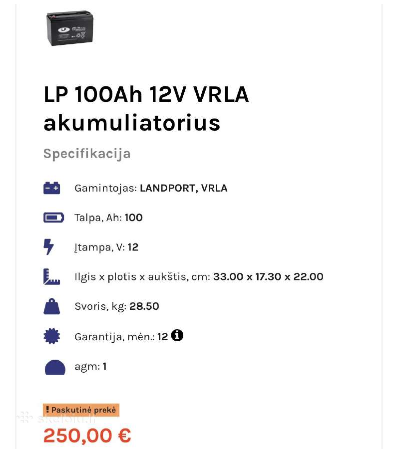 Akumuliatorius Landport vrla 100ah - nuotraukos Nr. 2