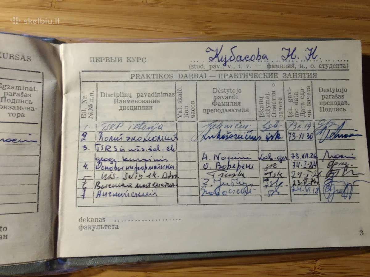 Vilniaus universiteto Studijų knygelė 1973 - nuotraukos Nr. 5