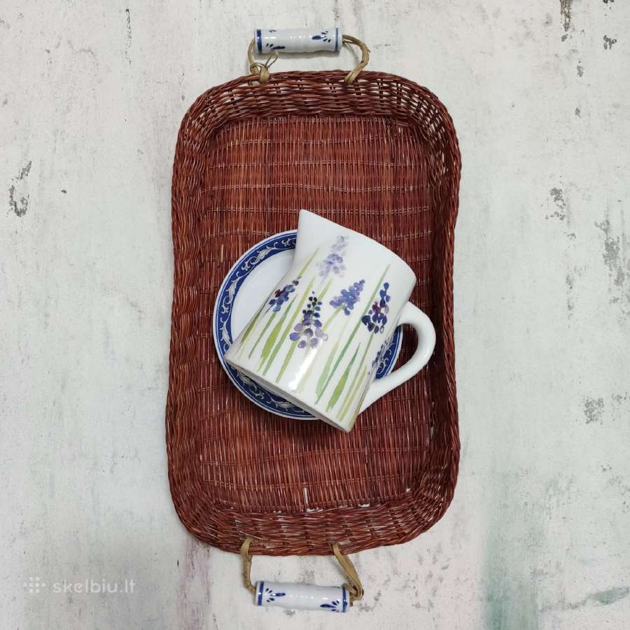 Padėklas vintažinis pintas su keramikinėm rankenom