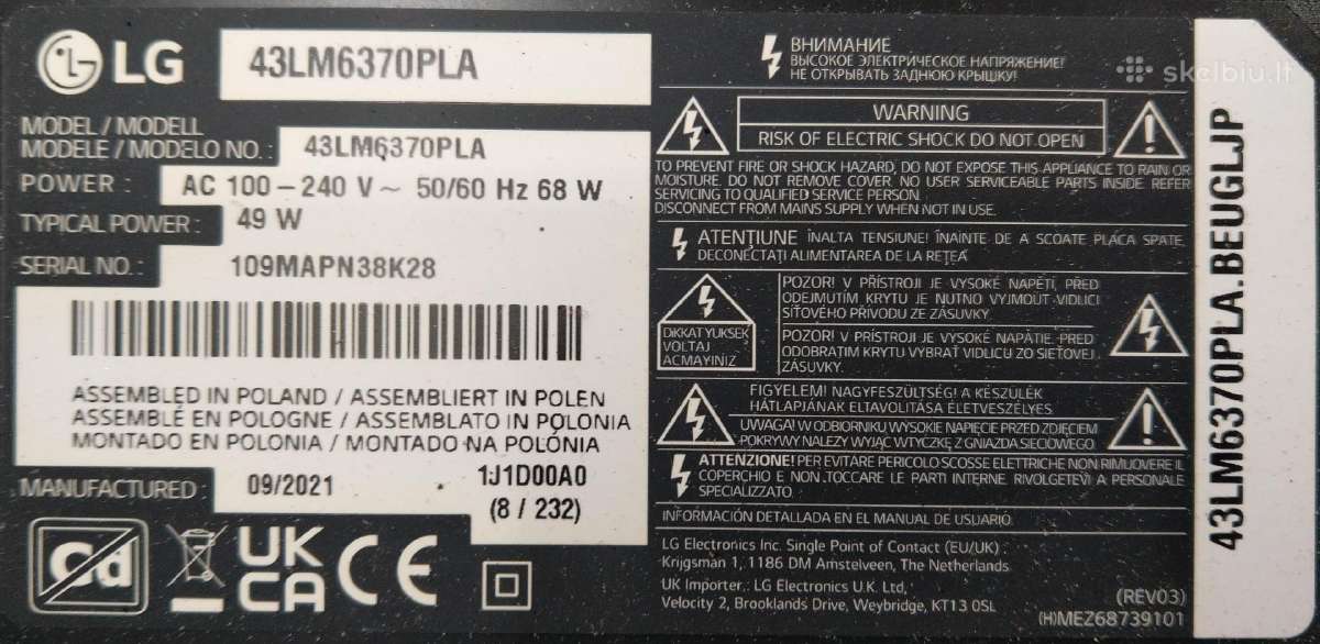 LG 43lm6370pla ant dalių