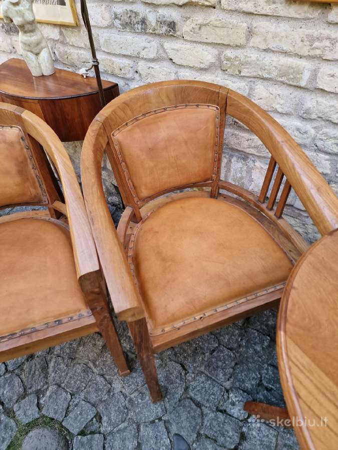 Vintažinės tikmedžio masyvo valgomojo odinės kėdės - nuotraukos Nr. 2
