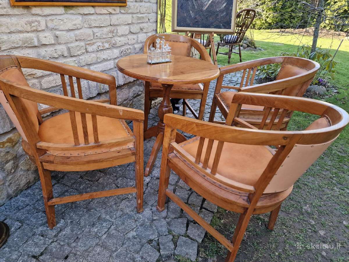 Vintažinės tikmedžio masyvo valgomojo odinės kėdės - nuotraukos Nr. 5