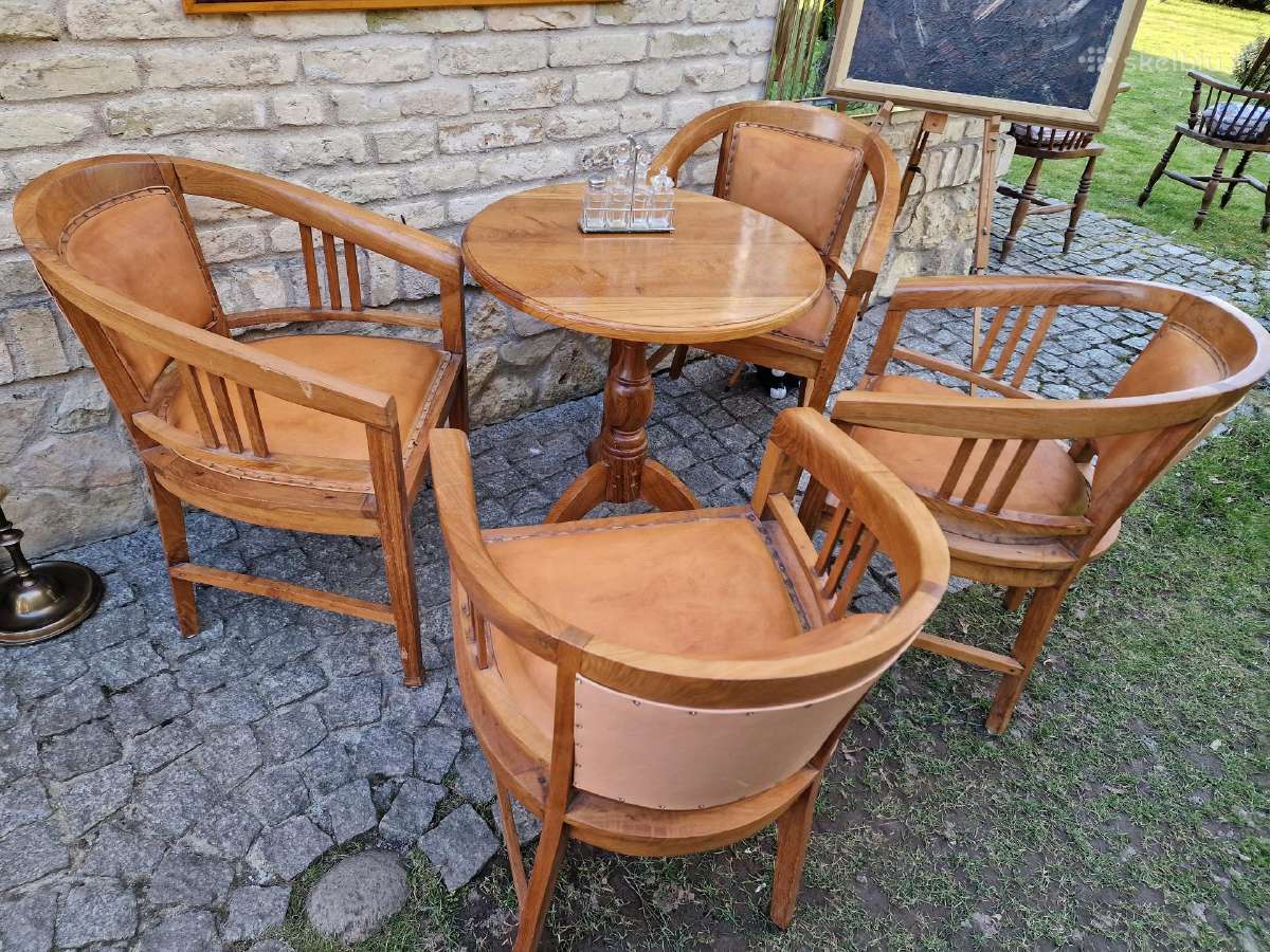 Vintažinės tikmedžio masyvo valgomojo odinės kėdės - nuotraukos Nr. 6