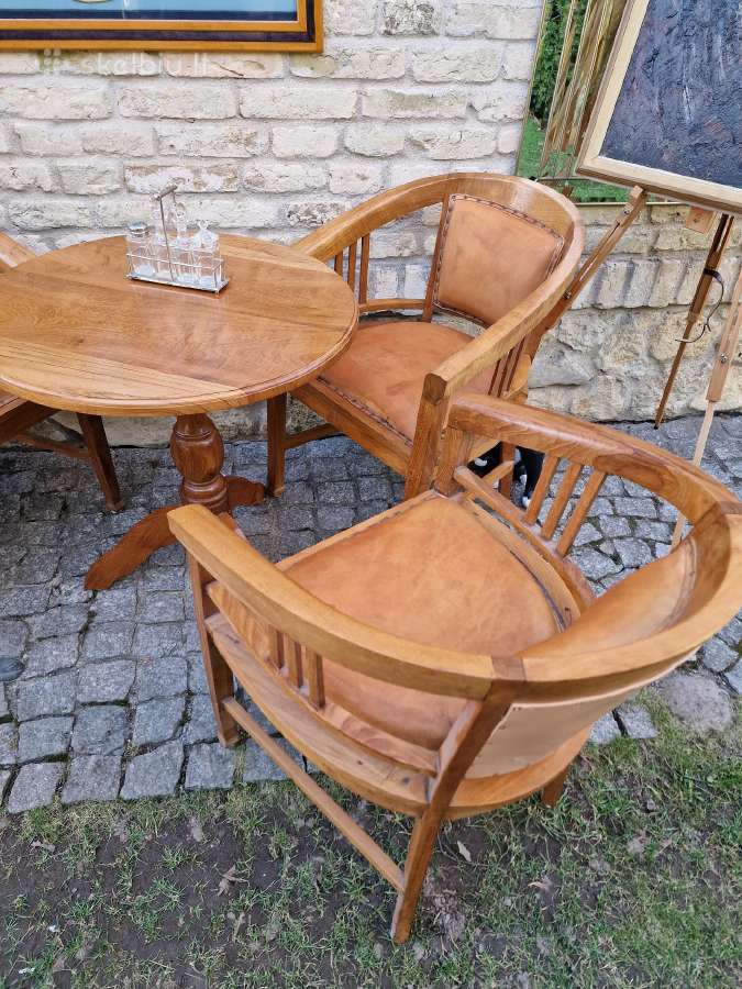 Vintažinės tikmedžio masyvo valgomojo odinės kėdės - nuotraukos Nr. 10