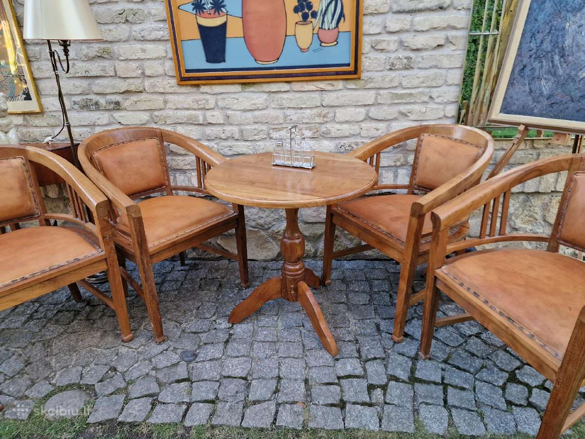 Vintažinės tikmedžio masyvo valgomojo odinės kėdės - nuotraukos Nr. 19