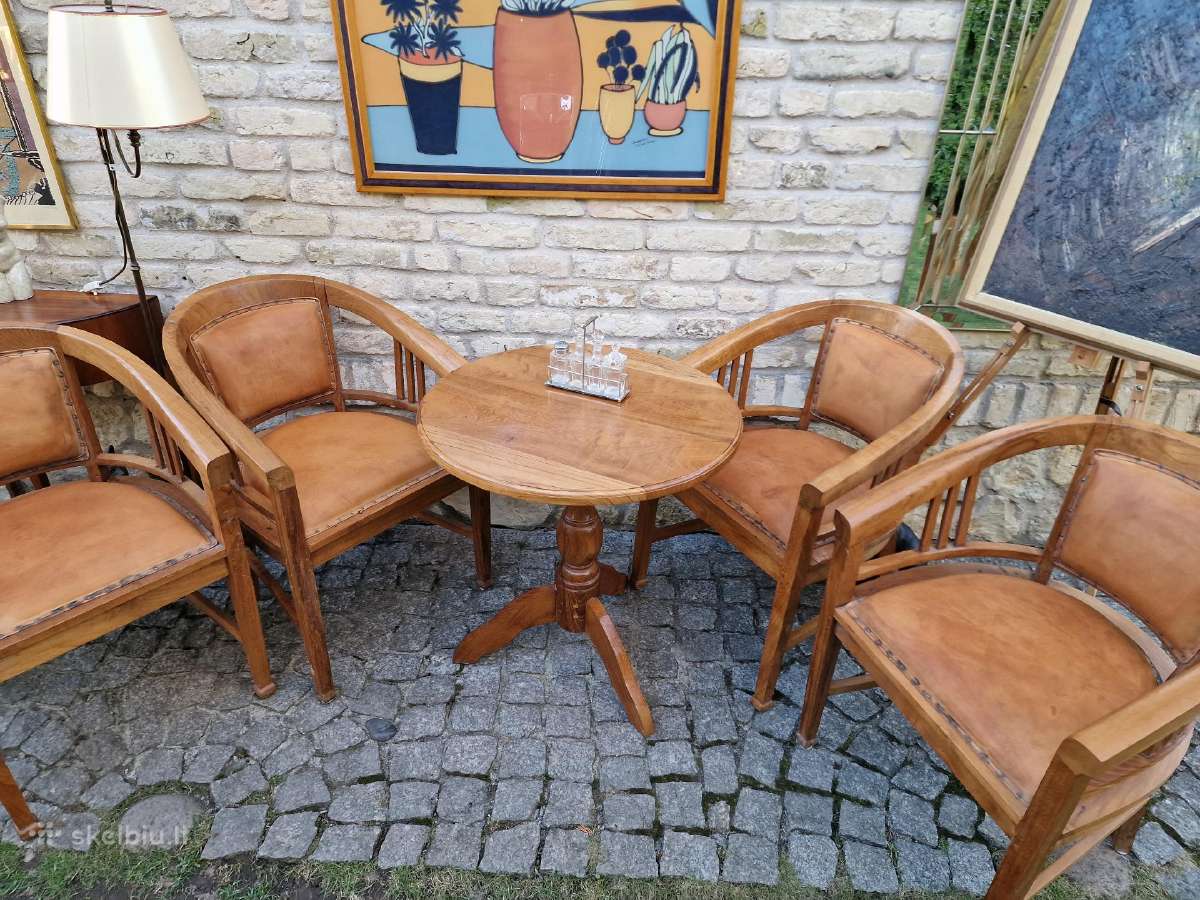 Vintažinės tikmedžio masyvo valgomojo odinės kėdės - nuotraukos Nr. 20