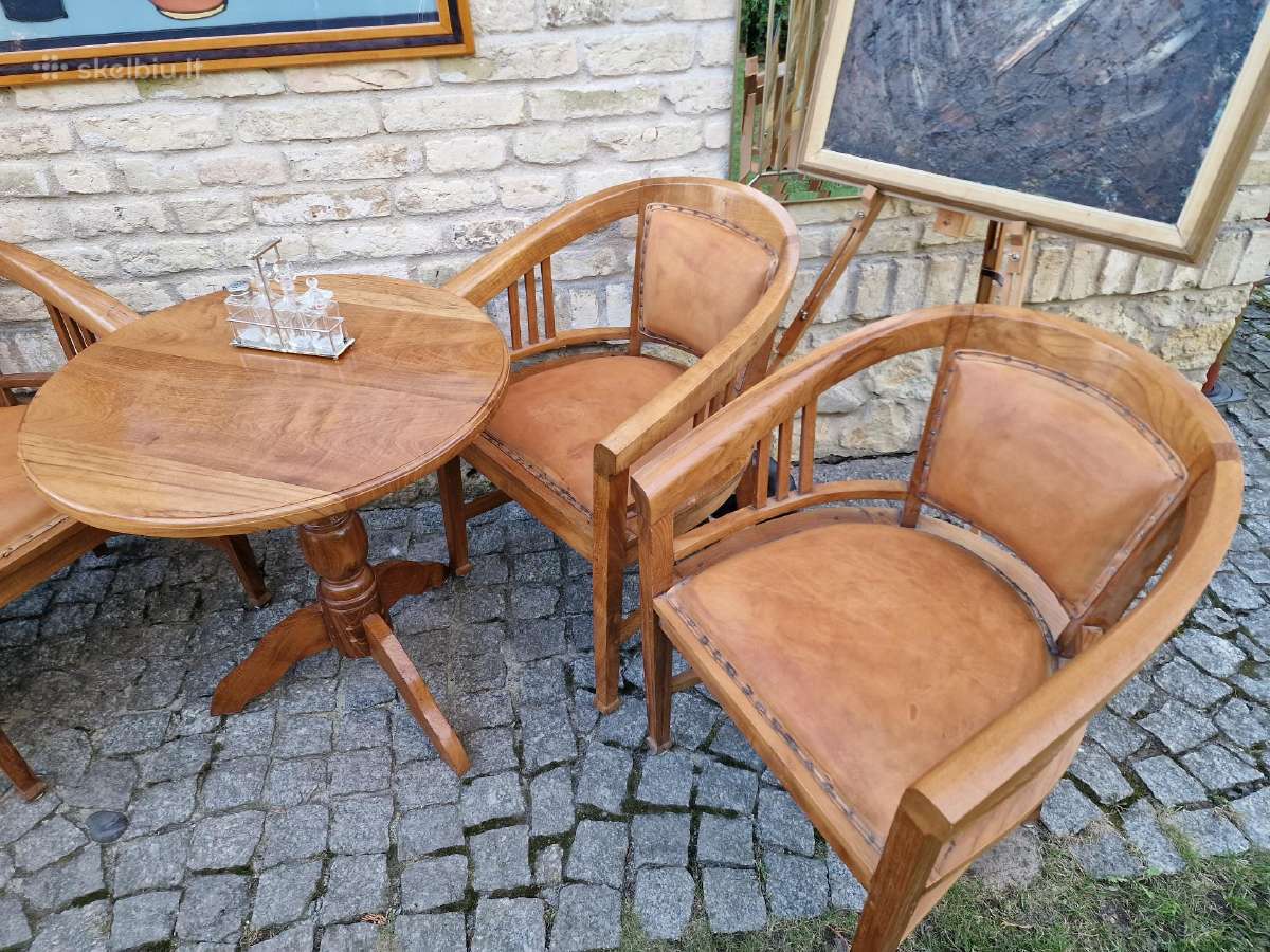 Vintažinės tikmedžio masyvo valgomojo odinės kėdės - nuotraukos Nr. 23