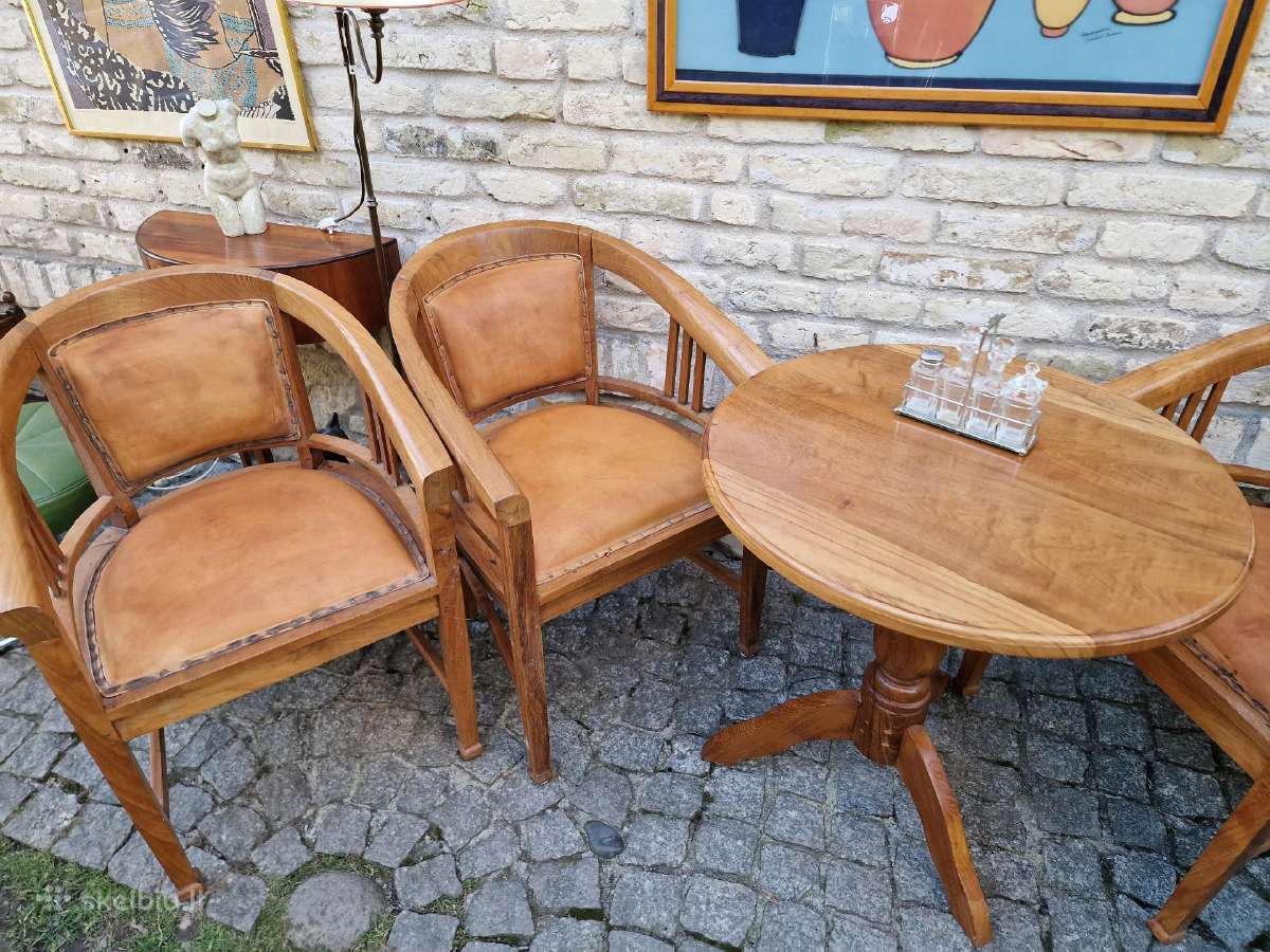 Vintažinės tikmedžio masyvo valgomojo odinės kėdės - nuotraukos Nr. 24