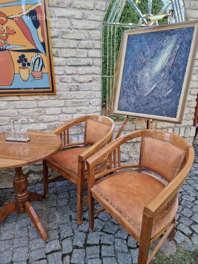 Vintažinės tikmedžio masyvo valgomojo odinės kėdės - nuotraukos Nr. 27