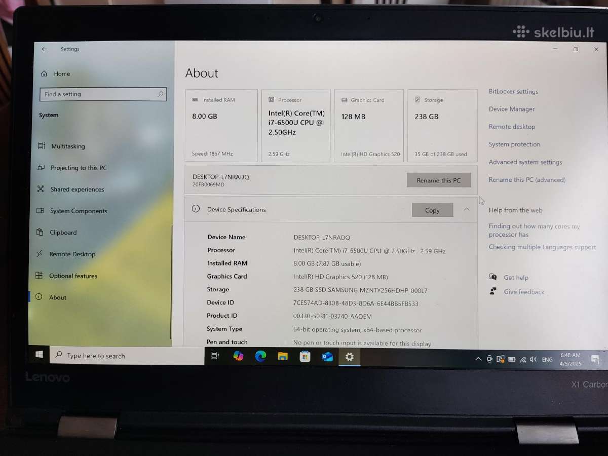 Lenovo X1 Carbon 4th Gen i7-6gen 8gb RAM 256gb SSD - nuotraukos Nr. 9