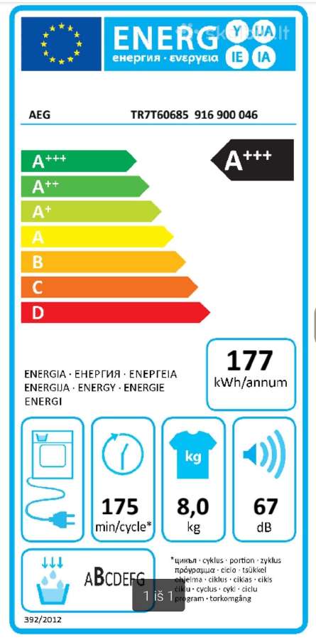 Aeg 7000 series Tr7t60685 Sensidry® 8-9kg A+++ - nuotraukos Nr. 17