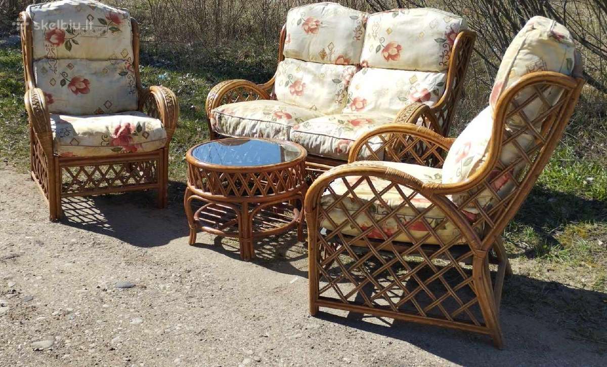 Bambuko dvisede sofa, du foteliai ir staliukas
