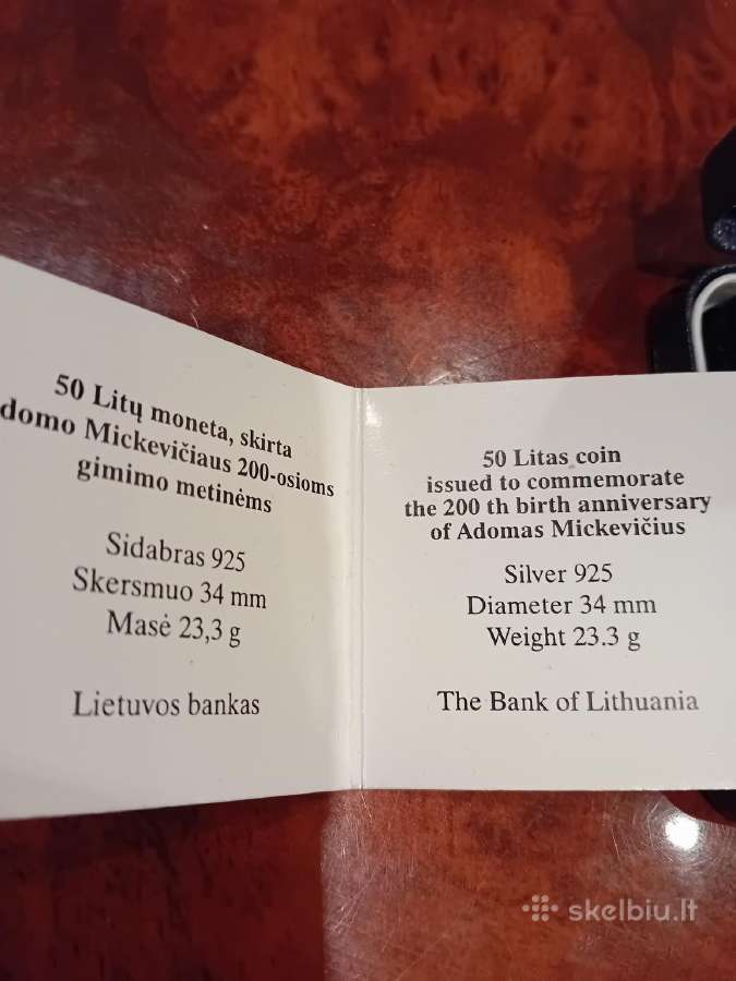 1997m kolekcinė sidabr.moneta A. Mickevičiui 50 Lt - nuotraukos Nr. 2